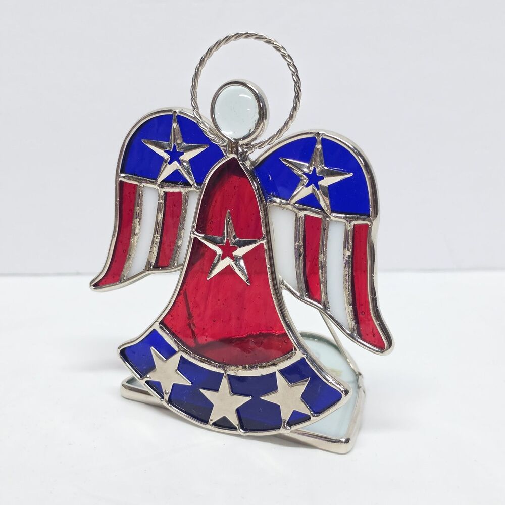Vintage Stained Glass American Flag Angel Patriotic Tea Light Candle Holder